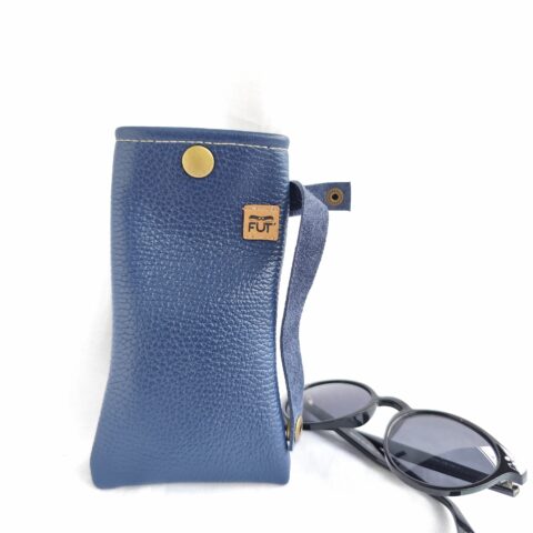 Etui à lunettes avec lanière Cuir grainé- Bleu
